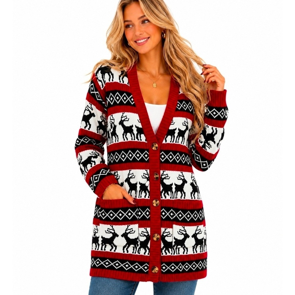 Merry Christmas from‎ V28 MEDIUM Reindeer Fair Isle Cardigan Womens Holiday
